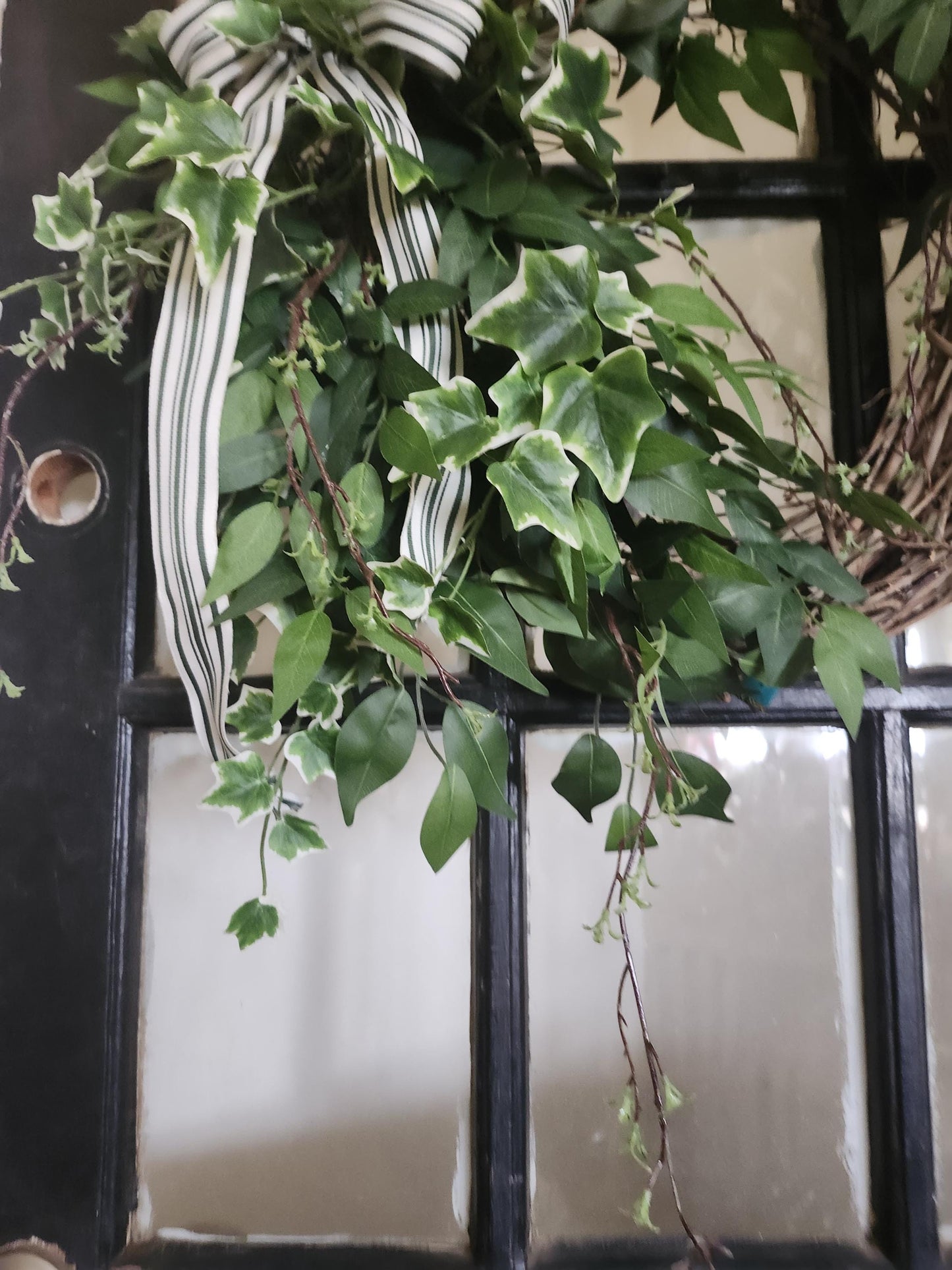 Classic Ivy Estate Wreath | Greenery Door Wreath with Striped Ribbon | Farmhouse Front Door Decor | Everyday Neutral Wreath