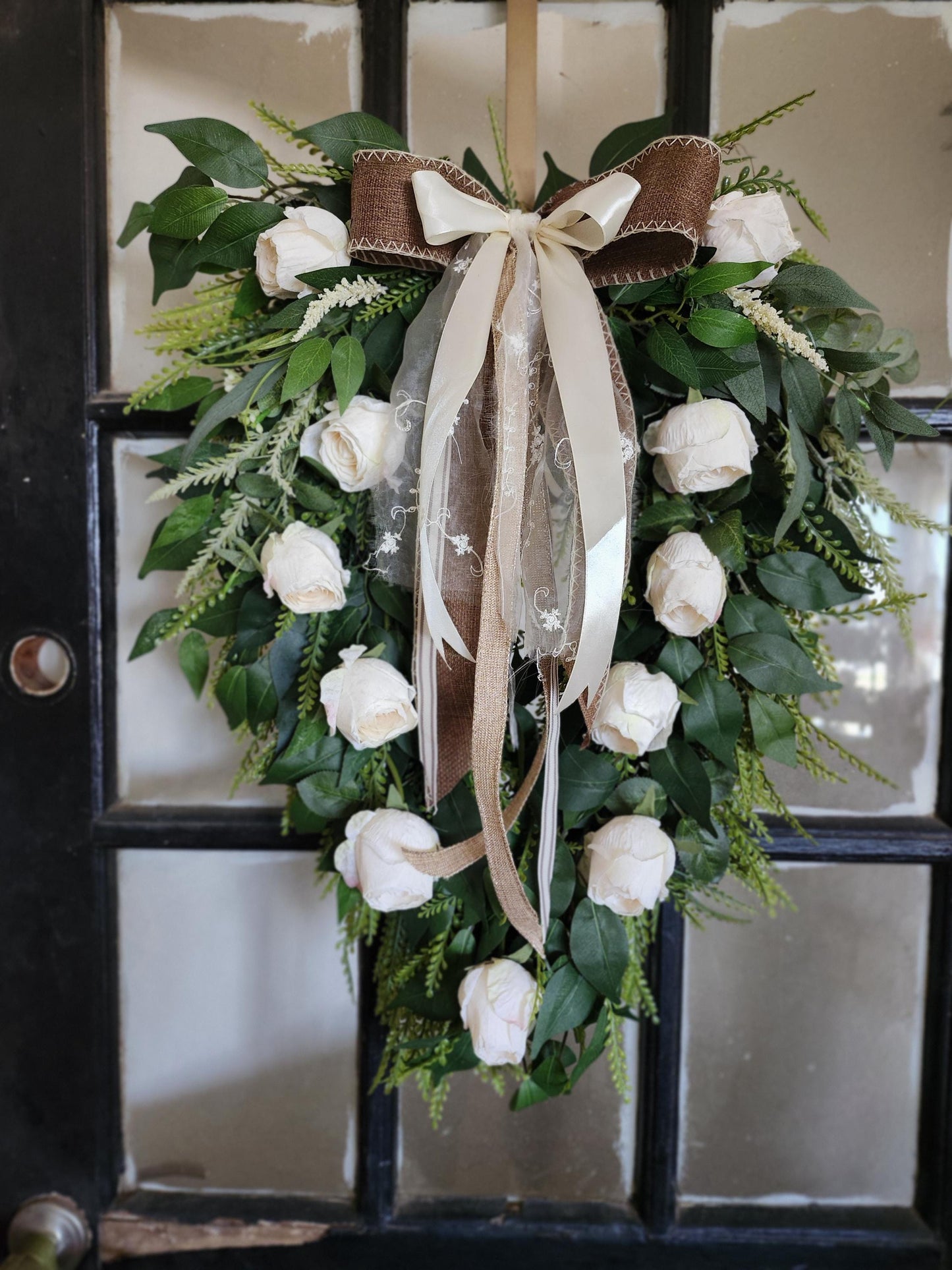 White Rose Standing Swag, Old World Romantic Floral Wall Decor, Wedding Entryway Accent