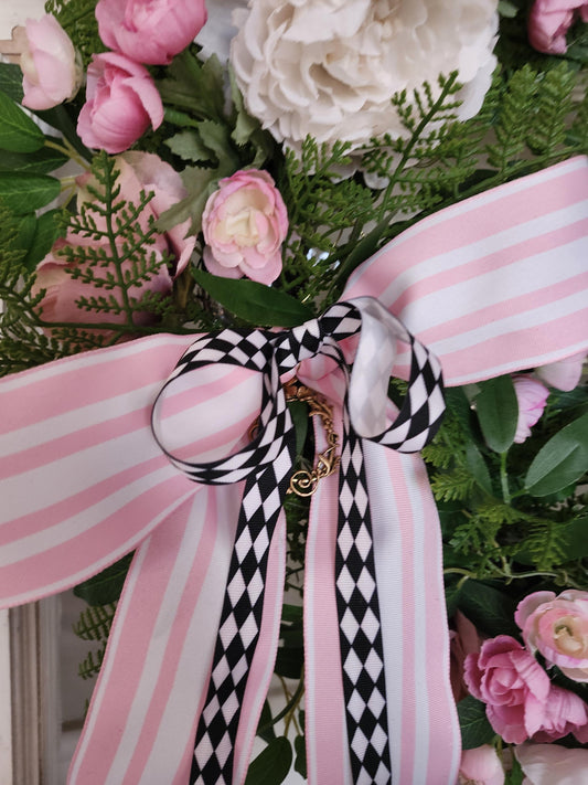 Pink Peony Grapevine Wreath – Blush Garden Door Decor, Striped Bow – Cottage Estate Style