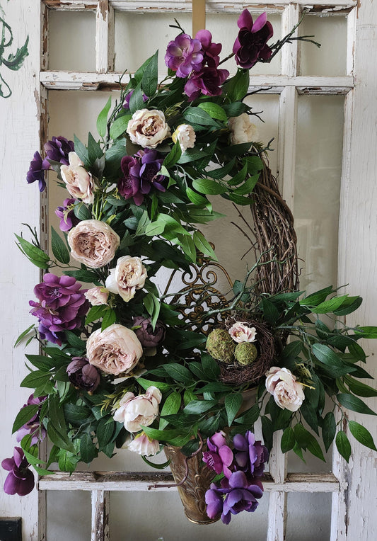 English Cottage Garden Wreath Nest | Blush & Plum Rose Grapevine Wreath | Estate Style Decor | Year Round Romantic Floral | Moss and Manor