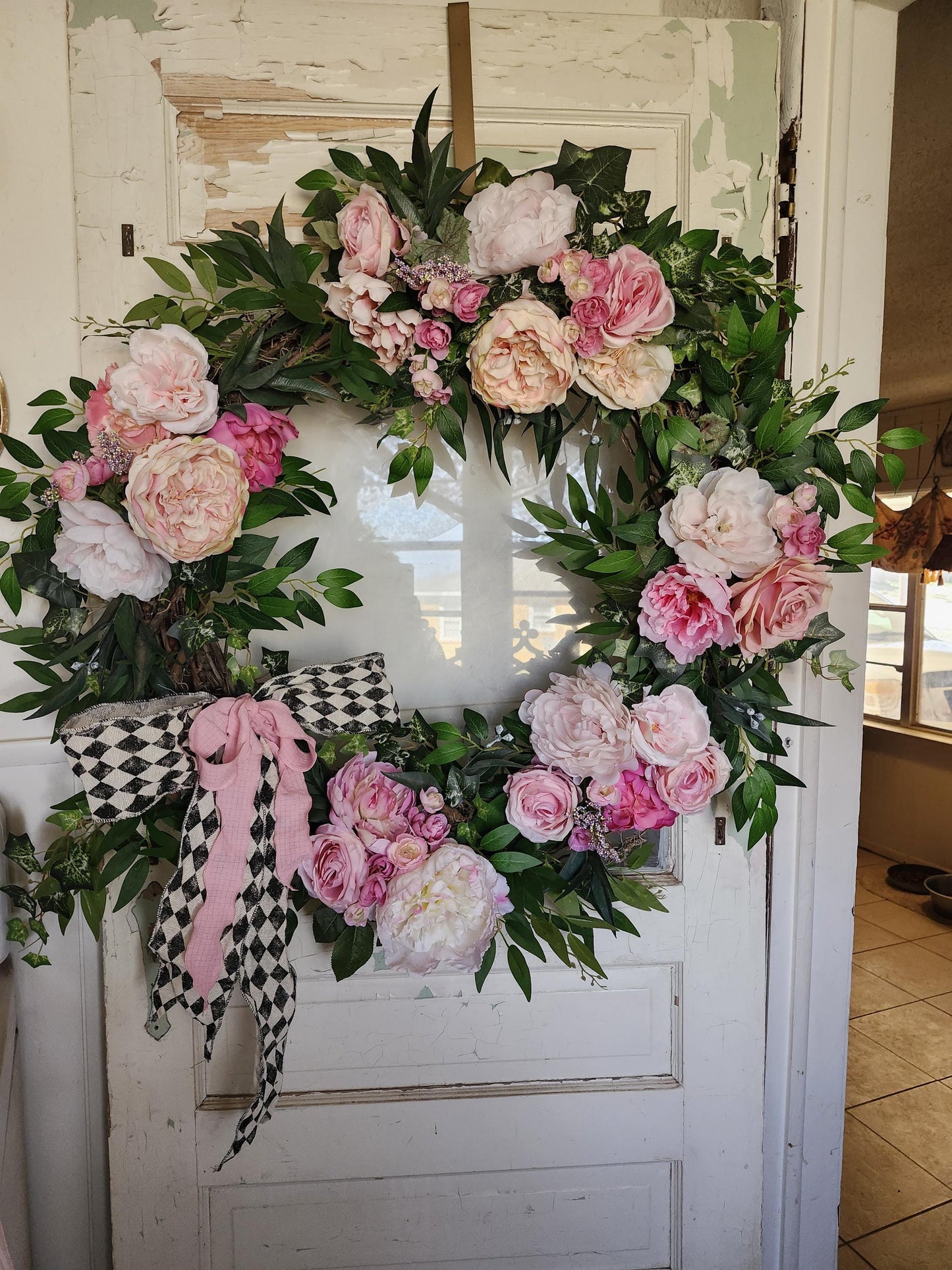 Extra Large Pink Peony Estate Wreath: Romantic Garden Door Decor, Harlequin Bow