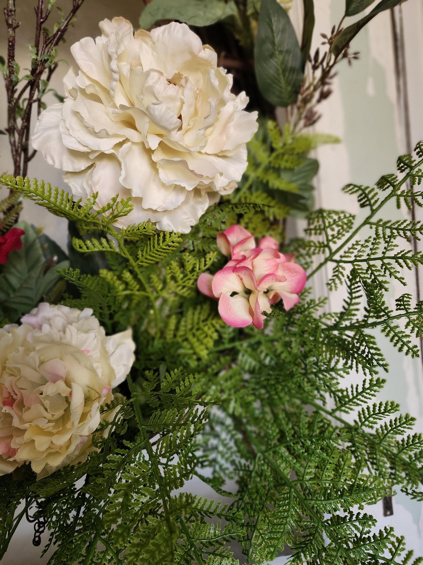 Estate Garden Wreath – Cream Peony, Raspberry Bloom Grapevine Door Decor