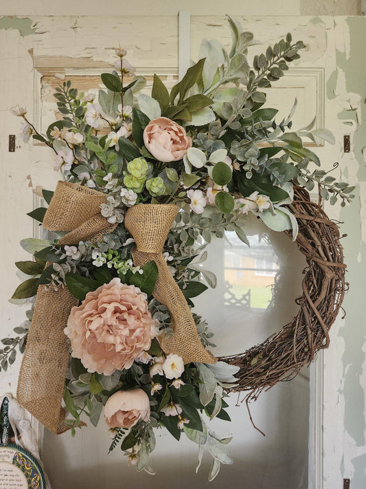 Spring Wreath for Front Door, Blush Pink Peony Wreath, Farmhouse Grapevine Wreath, Everyday Floral Door Decor, Rustic Burlap Bow Wreath