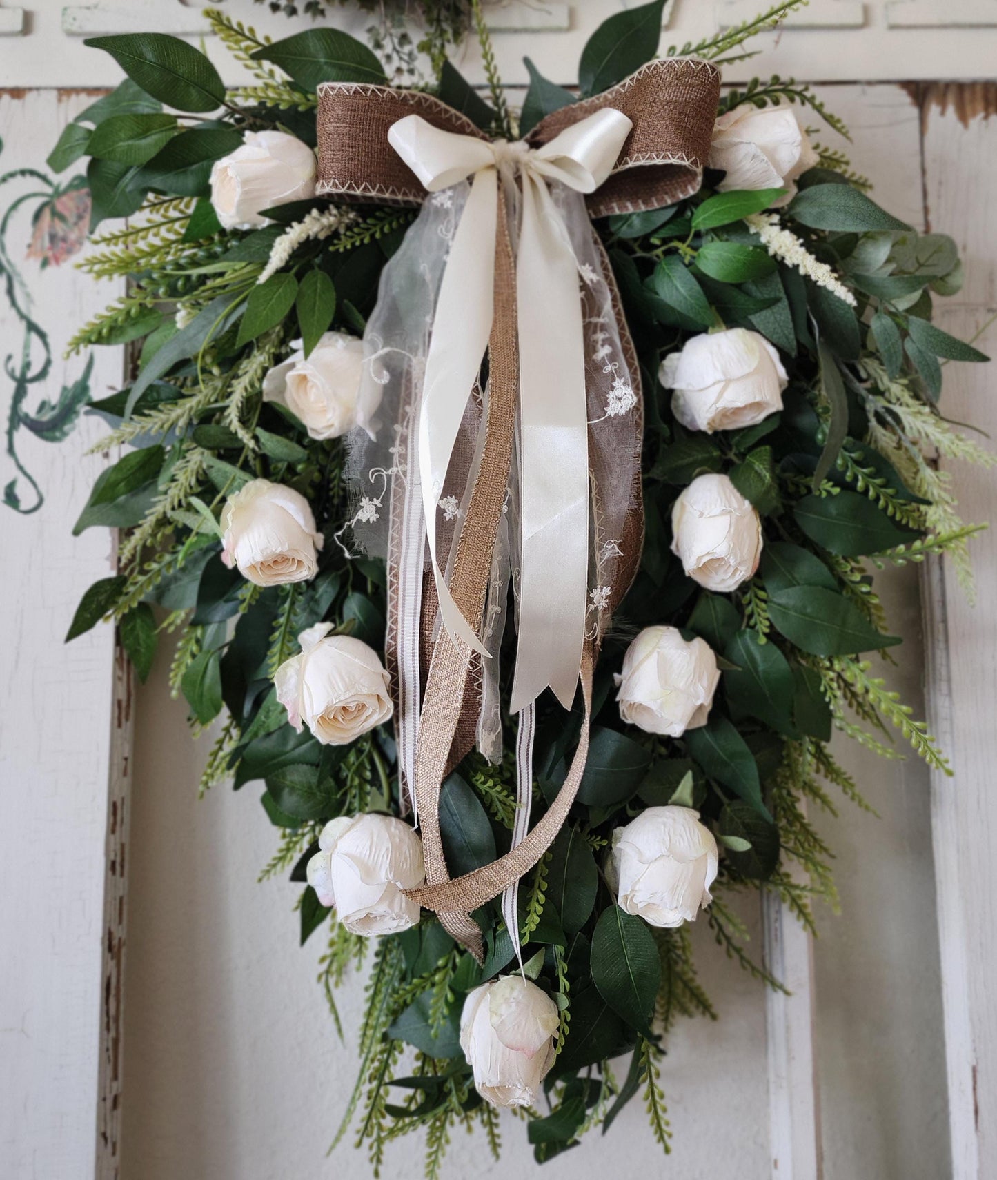 White Rose Standing Swag, Old World Romantic Floral Wall Decor, Wedding Entryway Accent