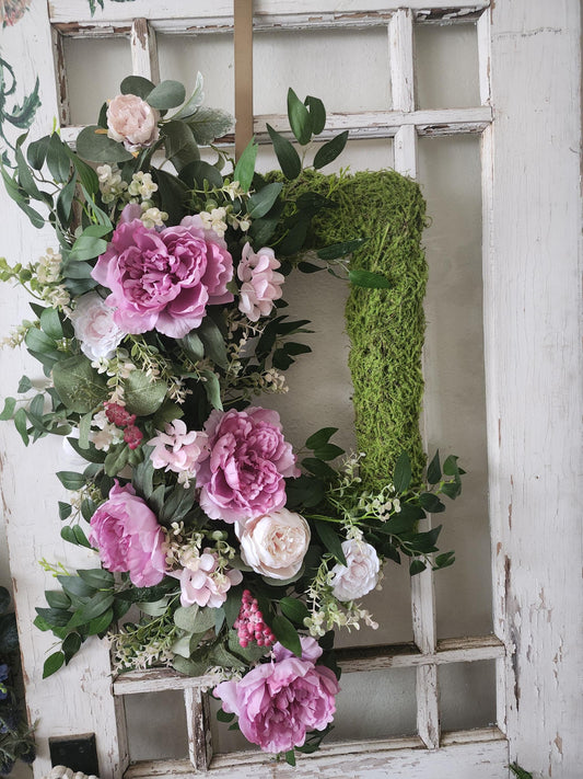 Spring Pink Peony Wreath, Moss Frame Door Decor, Romantic Cottage Floral Swag, Front Door Wreath, Garden Style Wall Decor, Gift for Her