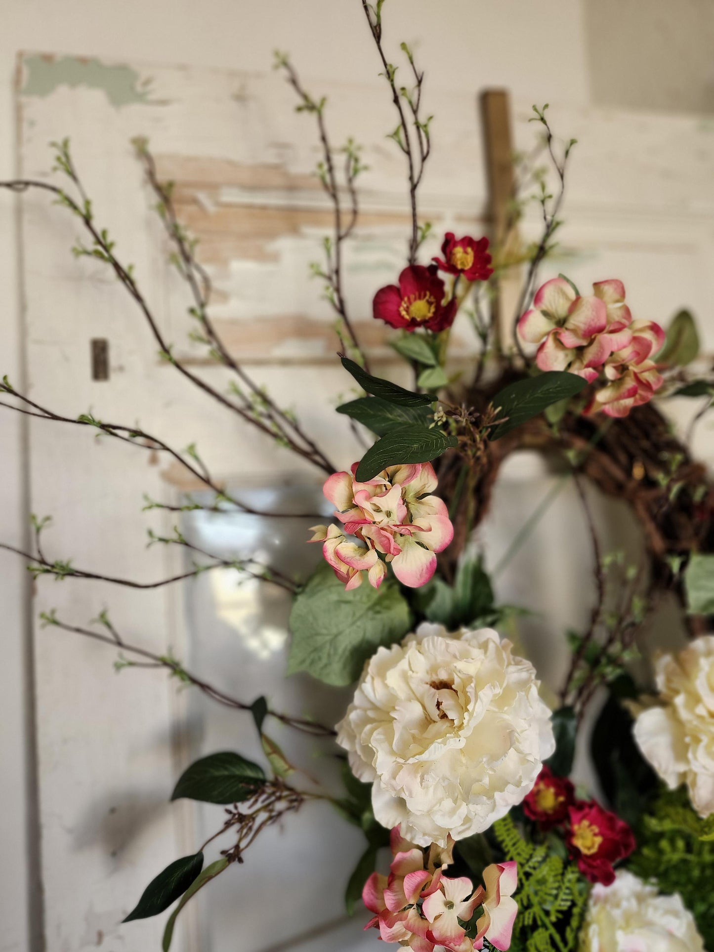 Estate Garden Wreath – Cream Peony, Raspberry Bloom Grapevine Door Decor