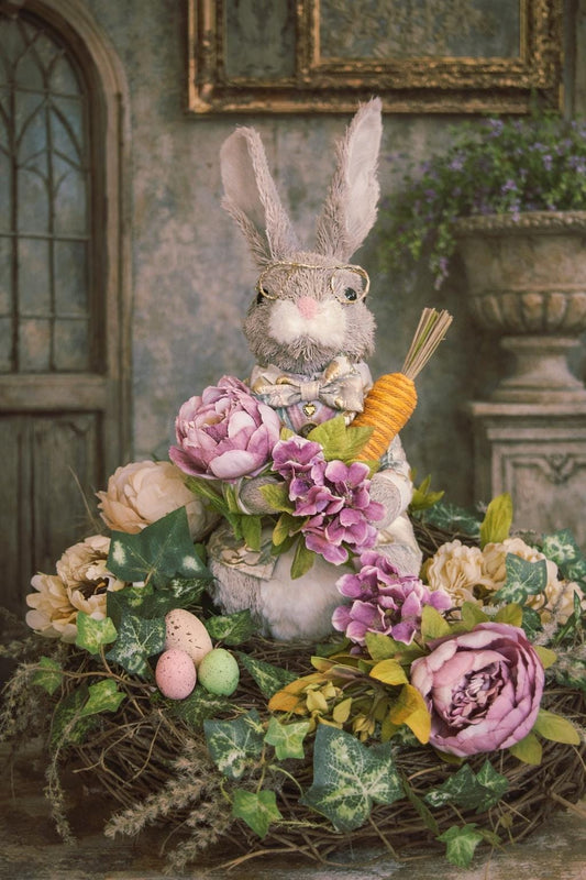 Sir Thistlewick Bunny Easter Centerpiece – Vintage Cottage Garden Rabbit Decor – Elegant Spring Table Decor – Handmade Easter Nest Arrangeme
