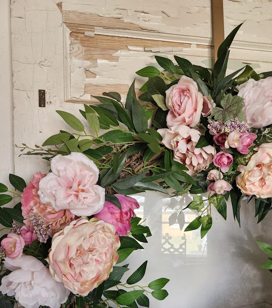 Extra Large Pink Peony Estate Wreath: Romantic Garden Door Decor, Harlequin Bow