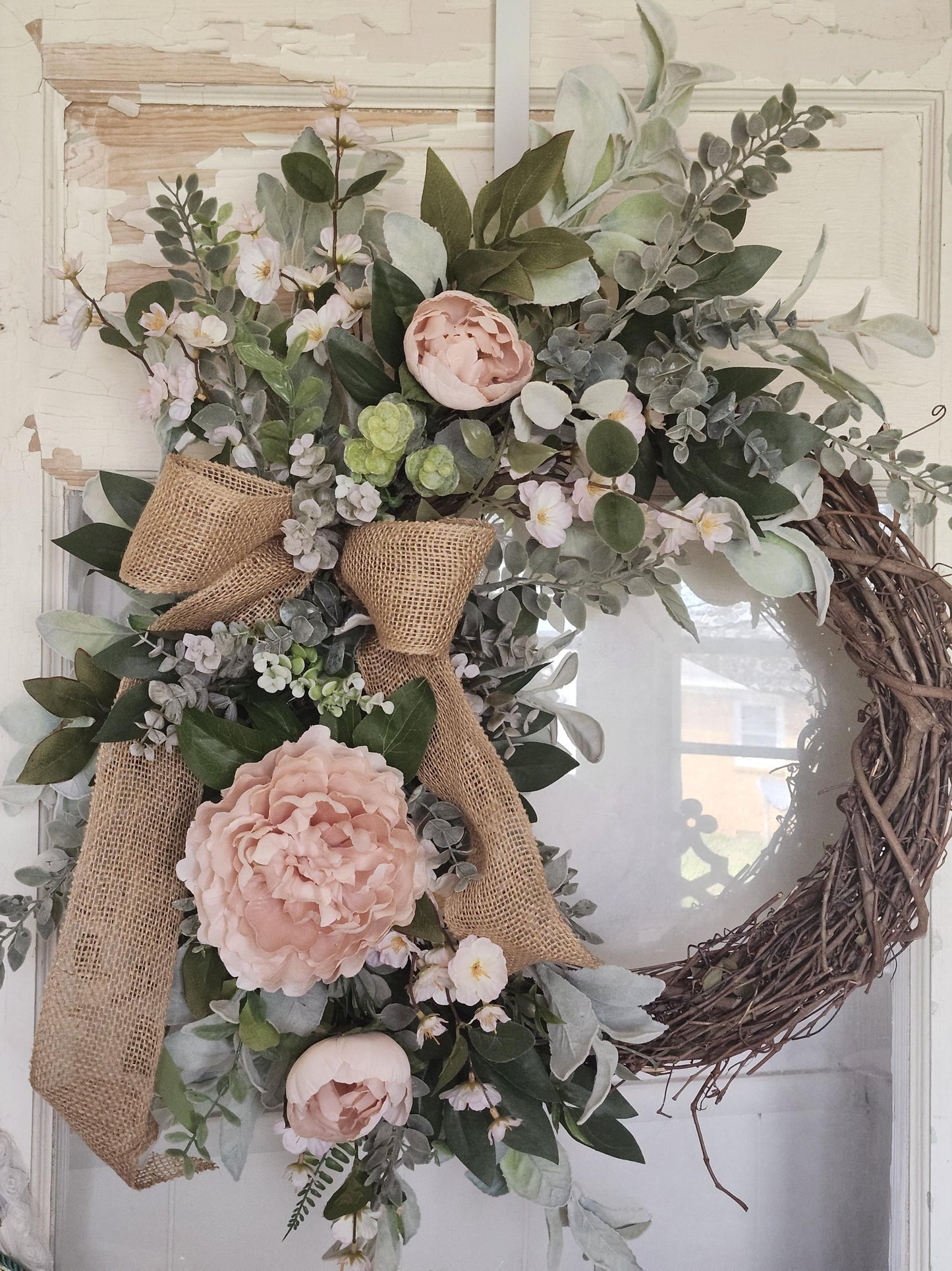 Spring Wreath for Front Door, Blush Pink Peony Wreath, Farmhouse Grapevine Wreath, Everyday Floral Door Decor, Rustic Burlap Bow Wreath