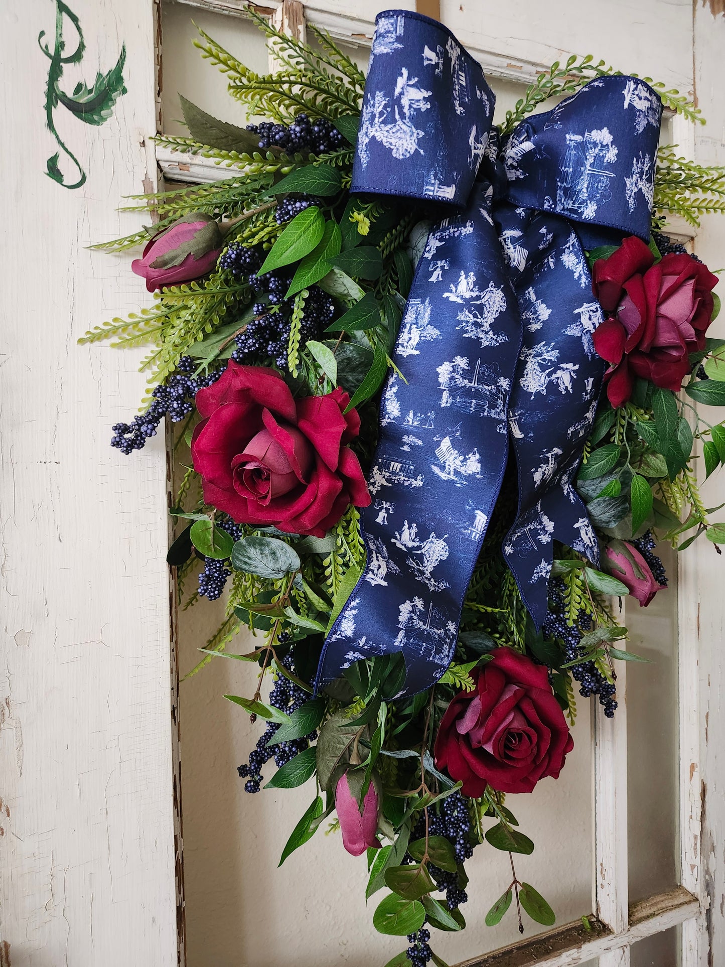 Patriotic Front Door Swag, Elegant 4th of July Wreath, Memorial Day Decor, Navy Toile Ribbon, Red Rose Americana Door Swag