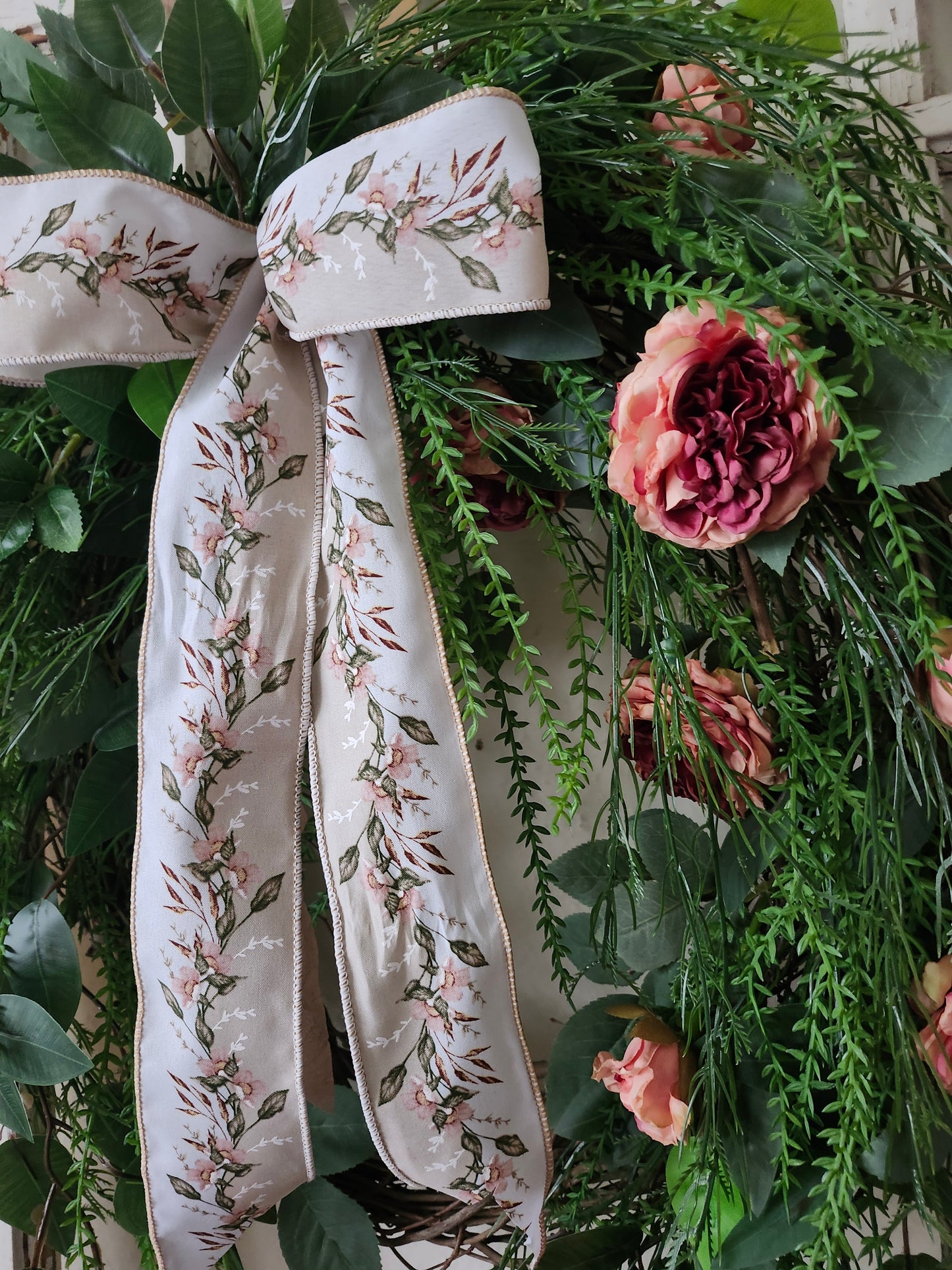 Cascading Garden Wreath – Blush Roses & Layered Greenery