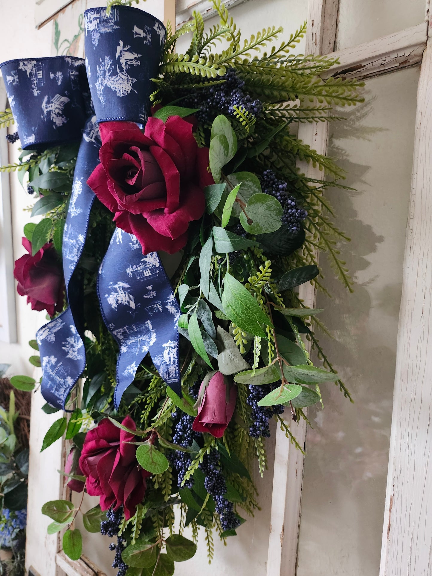 Patriotic Front Door Swag, Elegant 4th of July Wreath, Memorial Day Decor, Navy Toile Ribbon, Red Rose Americana Door Swag