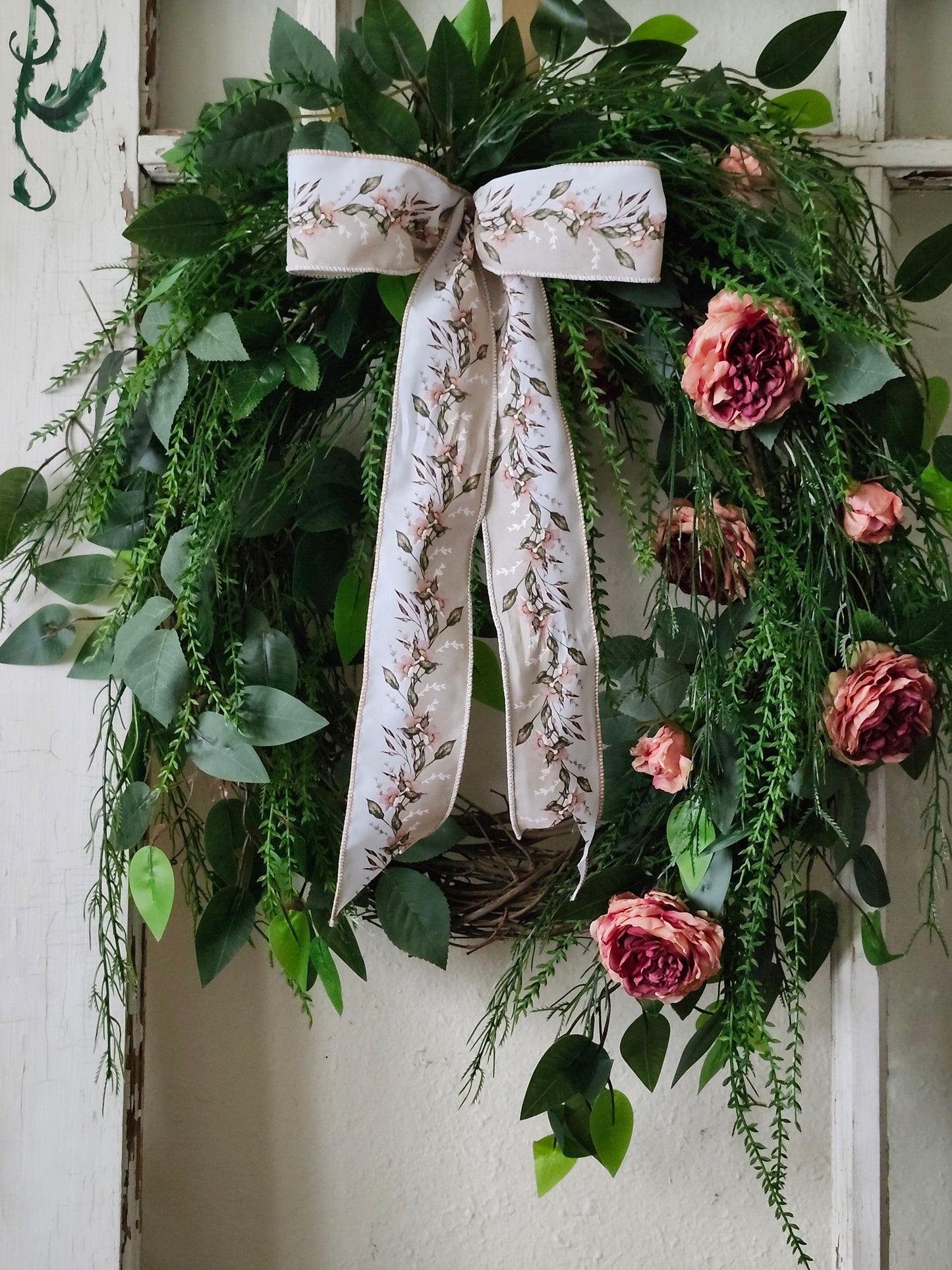 Cascading Garden Wreath – Blush Roses & Layered Greenery