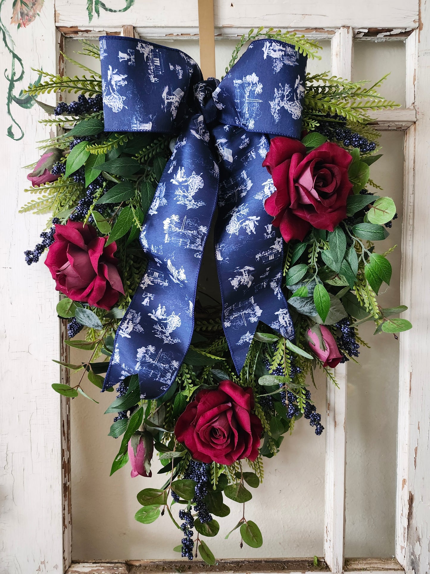 Patriotic Front Door Swag, Elegant 4th of July Wreath, Memorial Day Decor, Navy Toile Ribbon, Red Rose Americana Door Swag