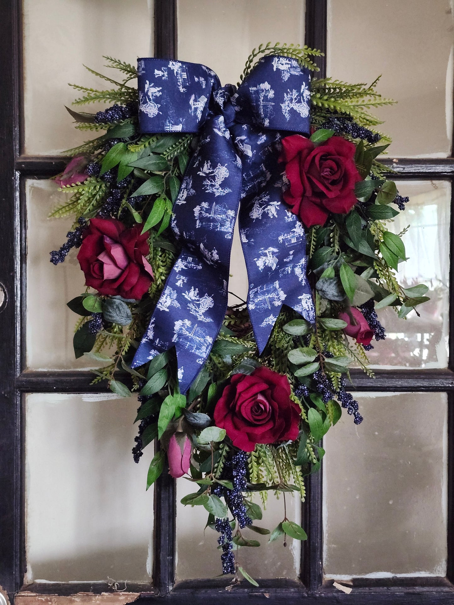 Patriotic Front Door Swag, Elegant 4th of July Wreath, Memorial Day Decor, Navy Toile Ribbon, Red Rose Americana Door Swag