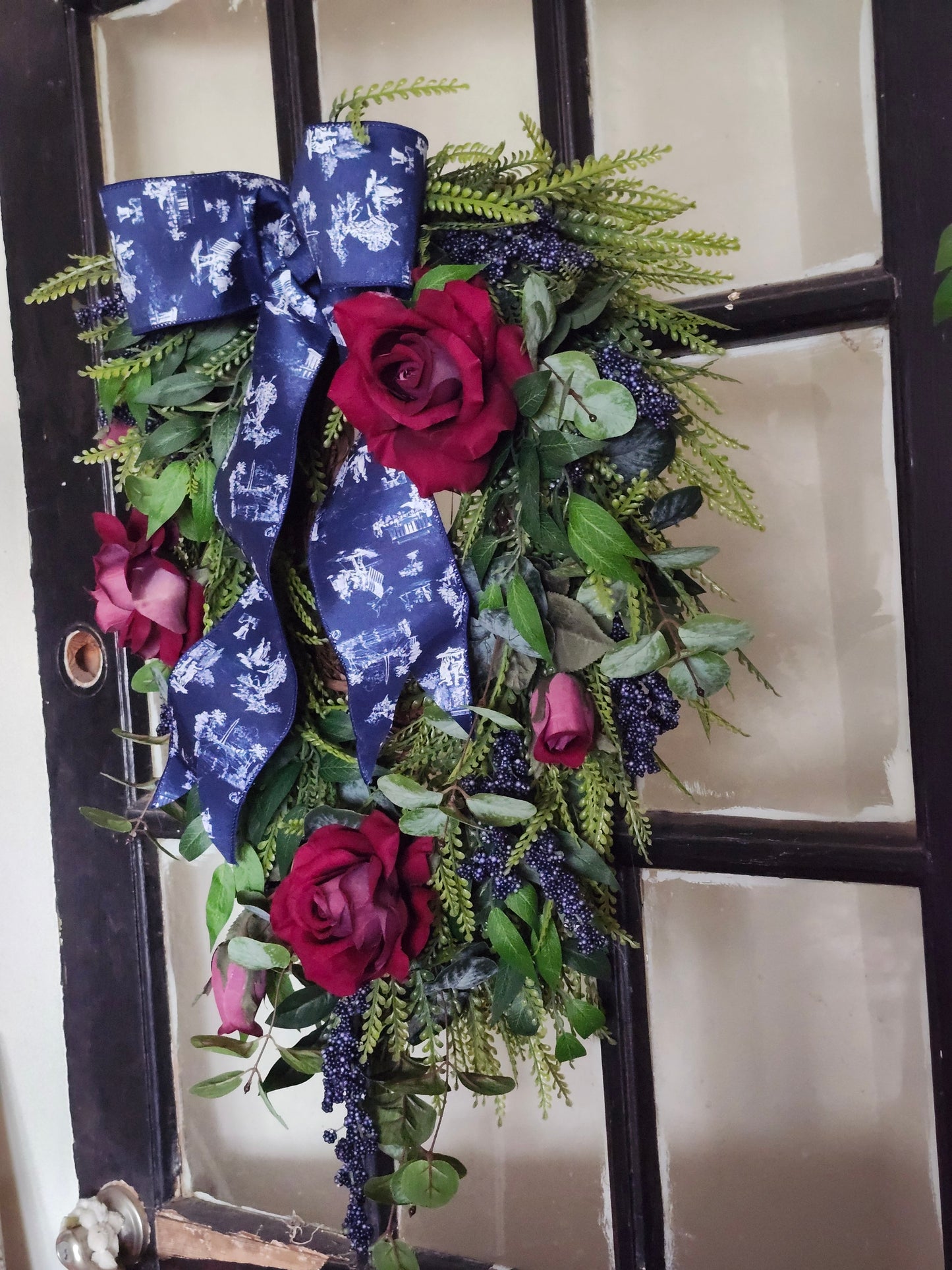 Patriotic Front Door Swag, Elegant 4th of July Wreath, Memorial Day Decor, Navy Toile Ribbon, Red Rose Americana Door Swag