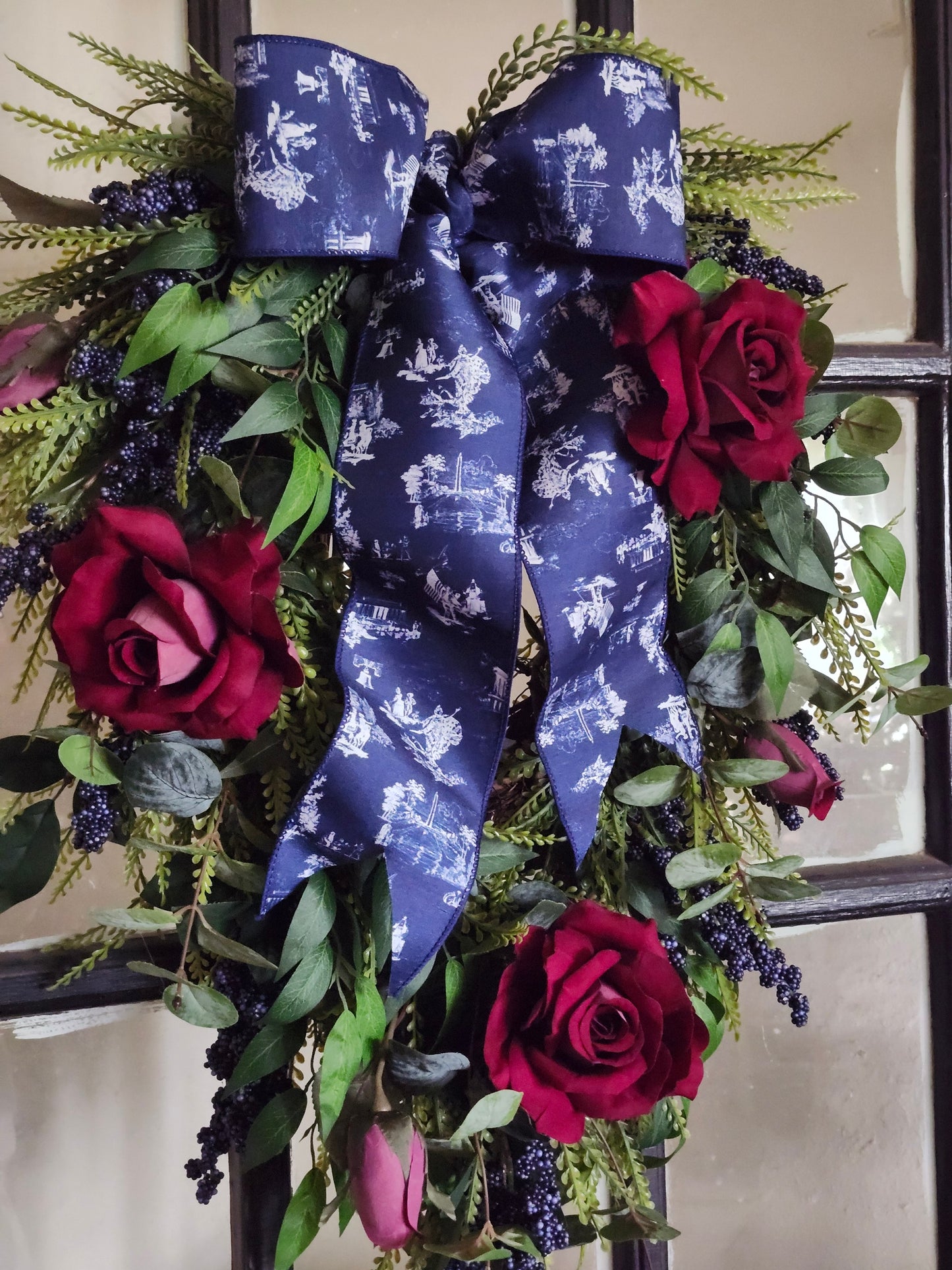 Patriotic Front Door Swag, Elegant 4th of July Wreath, Memorial Day Decor, Navy Toile Ribbon, Red Rose Americana Door Swag