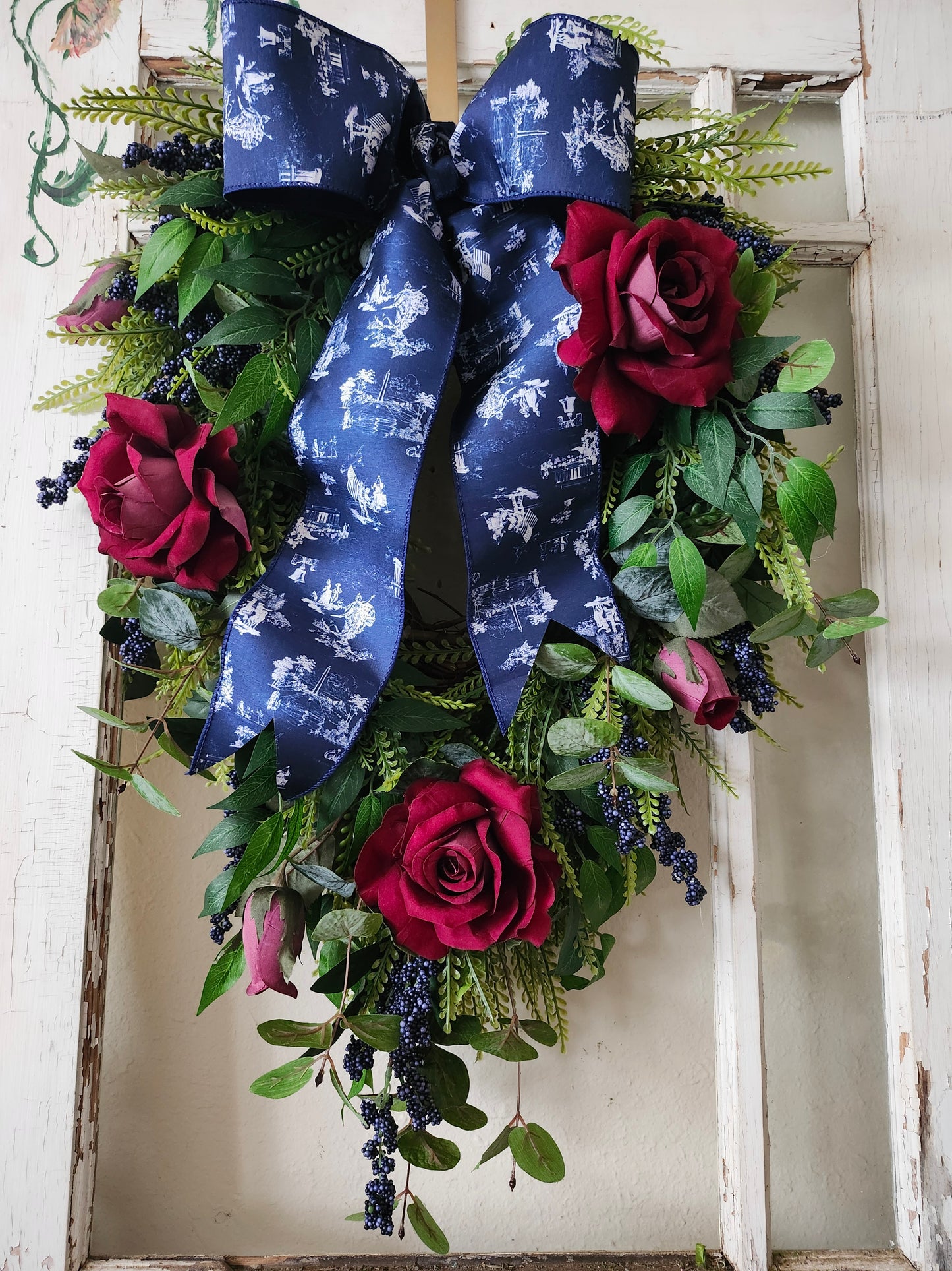 Patriotic Front Door Swag, Elegant 4th of July Wreath, Memorial Day Decor, Navy Toile Ribbon, Red Rose Americana Door Swag