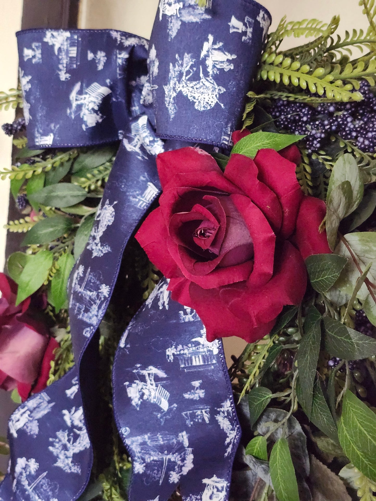 Patriotic Front Door Swag, Elegant 4th of July Wreath, Memorial Day Decor, Navy Toile Ribbon, Red Rose Americana Door Swag