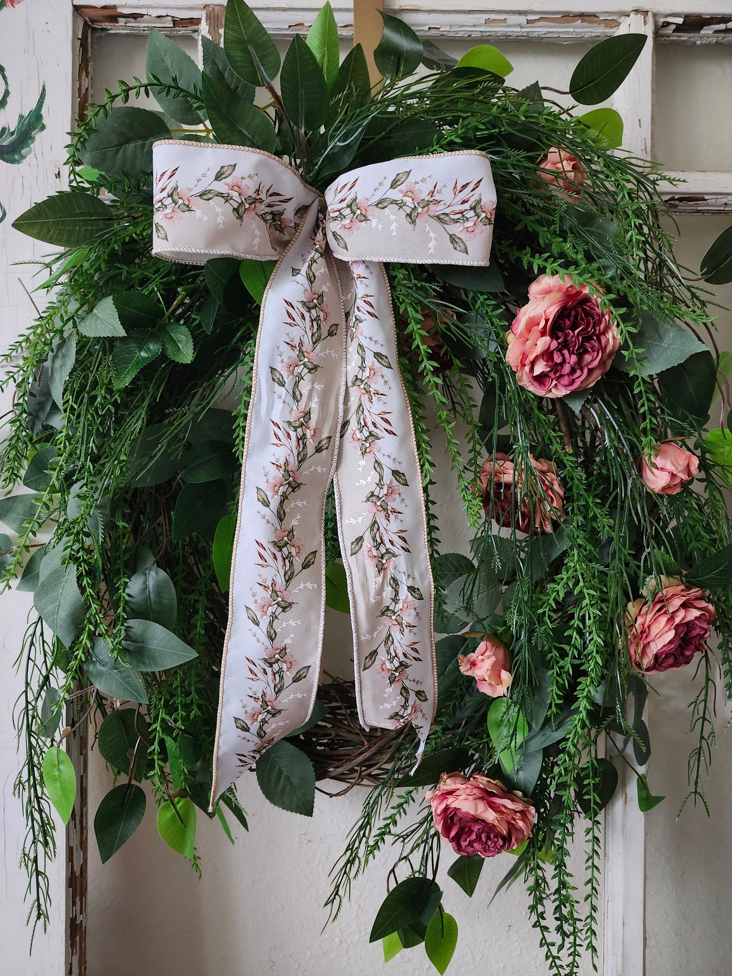 Cascading Garden Wreath – Blush Roses & Layered Greenery