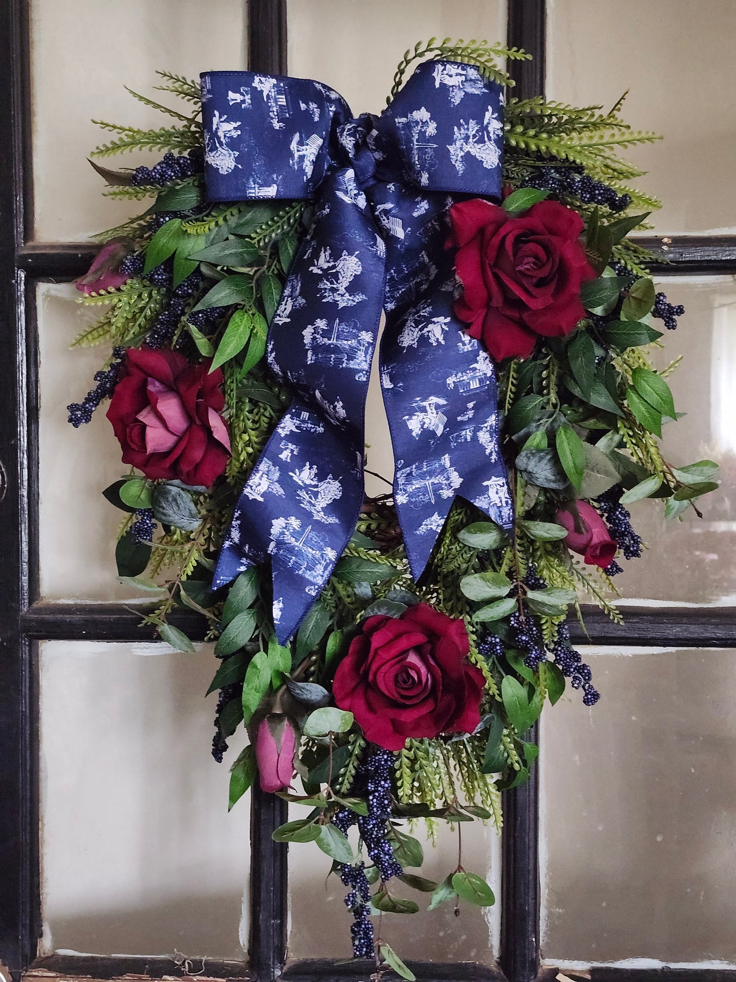 Patriotic Front Door Swag, Elegant 4th of July Wreath, Memorial Day Decor, Navy Toile Ribbon, Red Rose Americana Door Swag