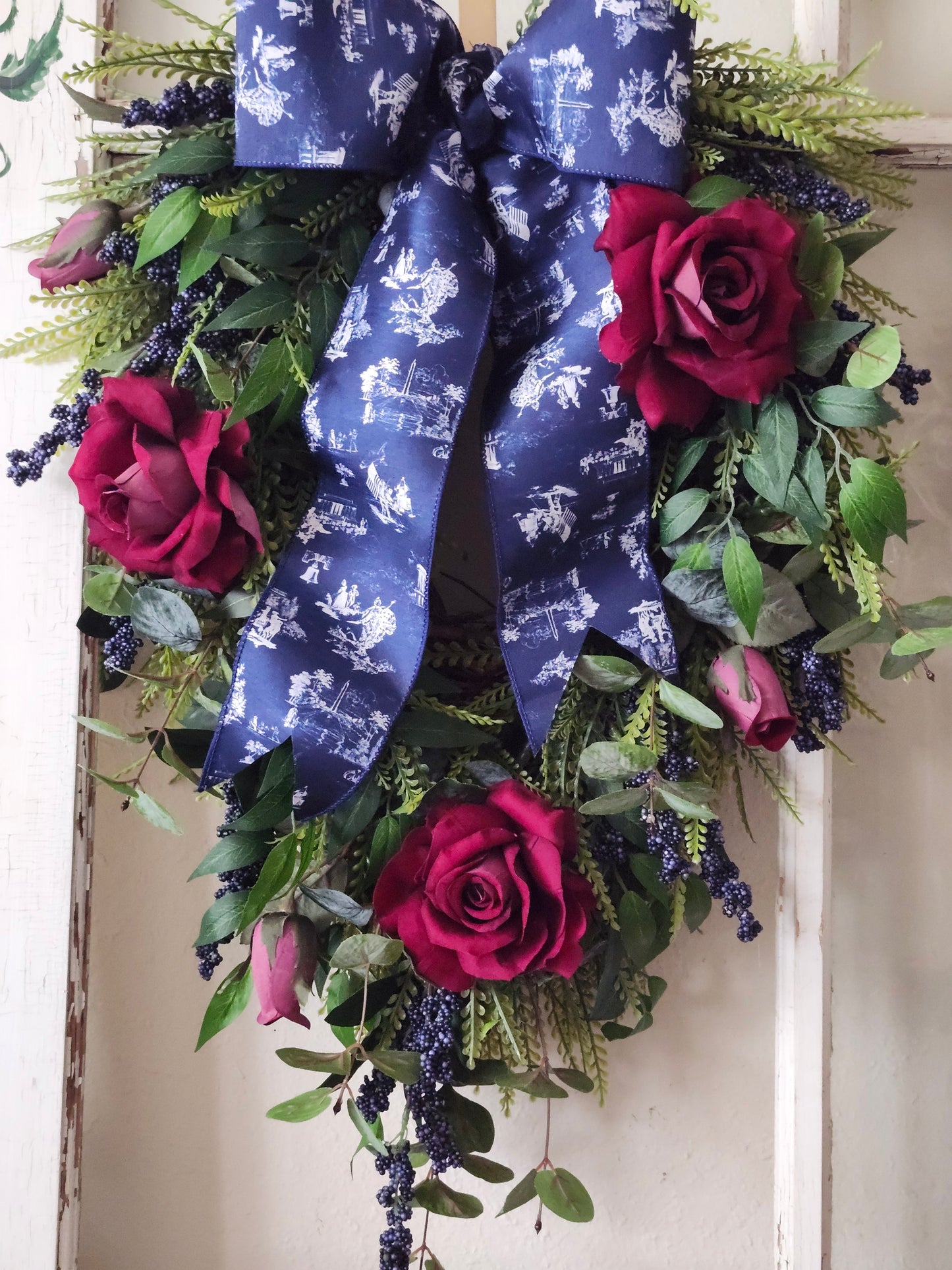 Patriotic Front Door Swag, Elegant 4th of July Wreath, Memorial Day Decor, Navy Toile Ribbon, Red Rose Americana Door Swag