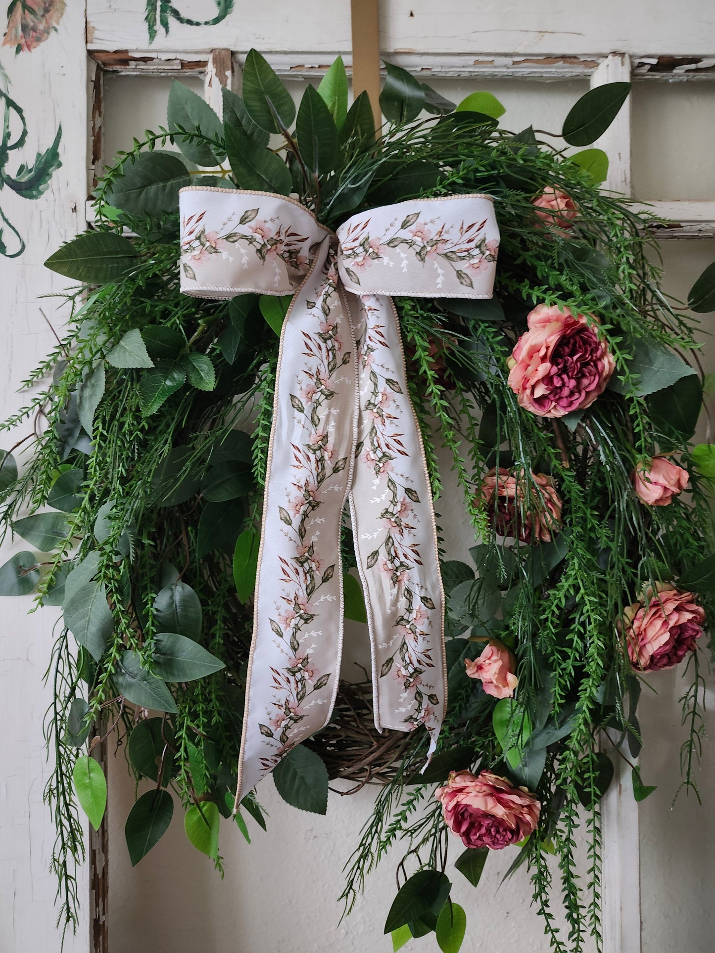 Cascading Garden Wreath – Blush Roses & Layered Greenery